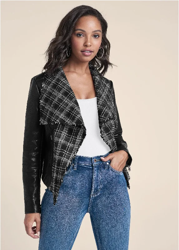 Faux Leather Tweed Jacket - Black Multi