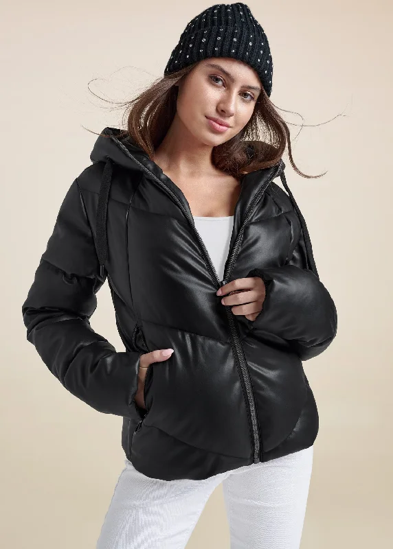 Faux Leather Puffer Jacket - Black