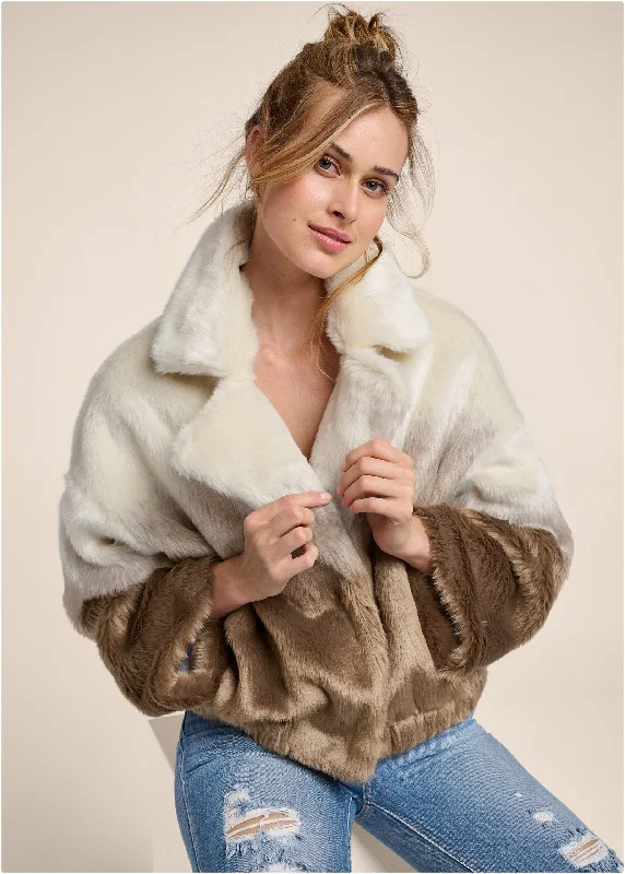 Ombre Faux Fur Coat - Cream Multi