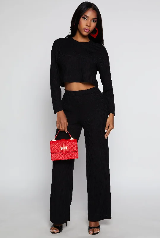 Ribbed Knit High Waisted Wide Leg Pants