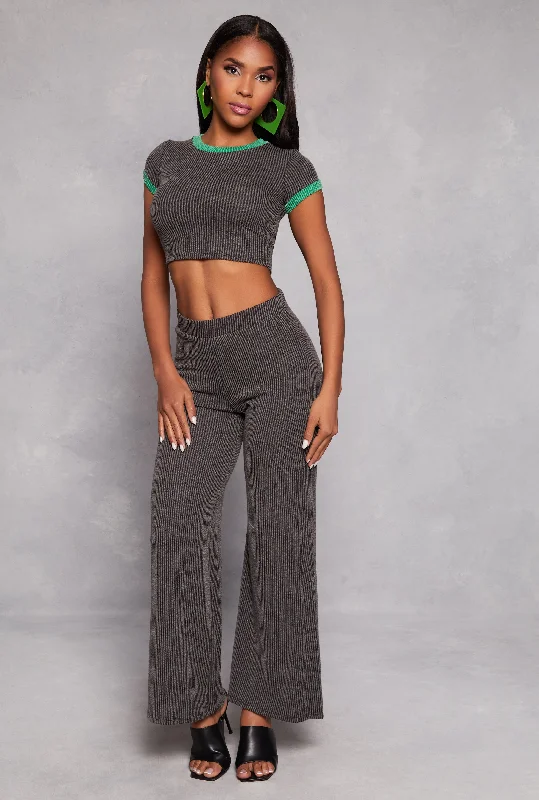 High Waist Ribbed Knit Wide Leg Pants