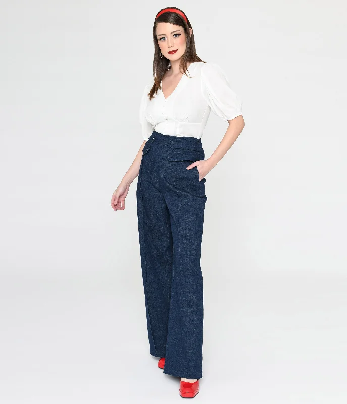 Unique Vintage 1940s Denim High Waist Wide Leg Tab Pants