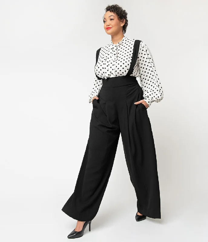 Unique Vintage Plus Size Black Wide Leg Rochelle Suspender Pants