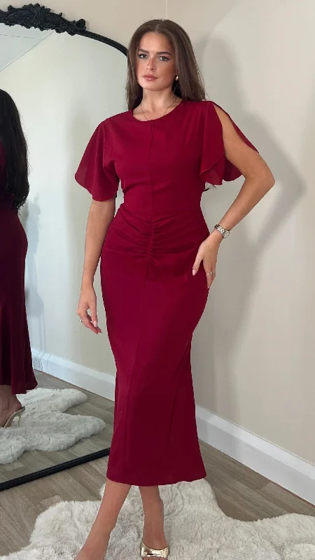 Alexa Burgundy Ruched Detail Midi Dress