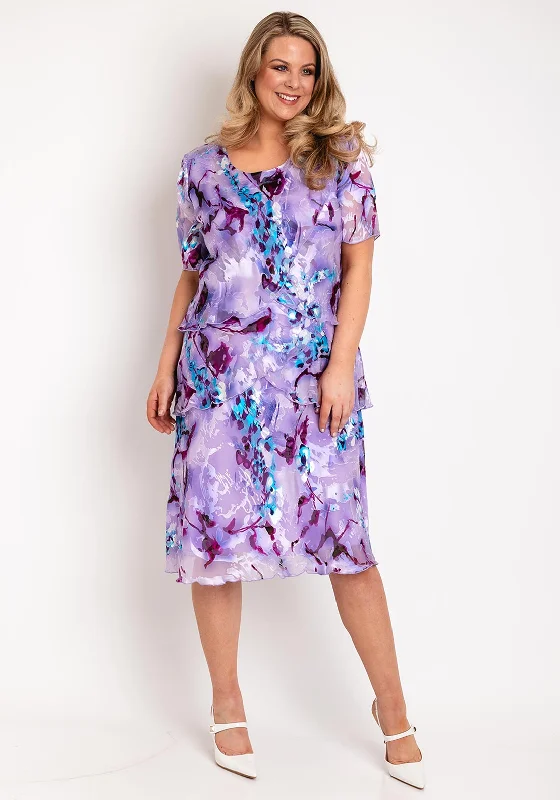 Allison Printed Silk Layered Midi Dress, Purple