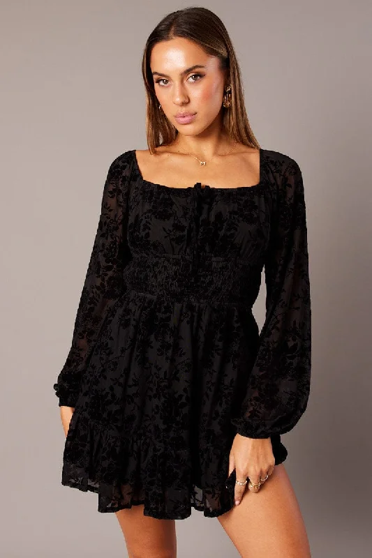 Black Fit and Flare Dress Long Sleeve Burn Out