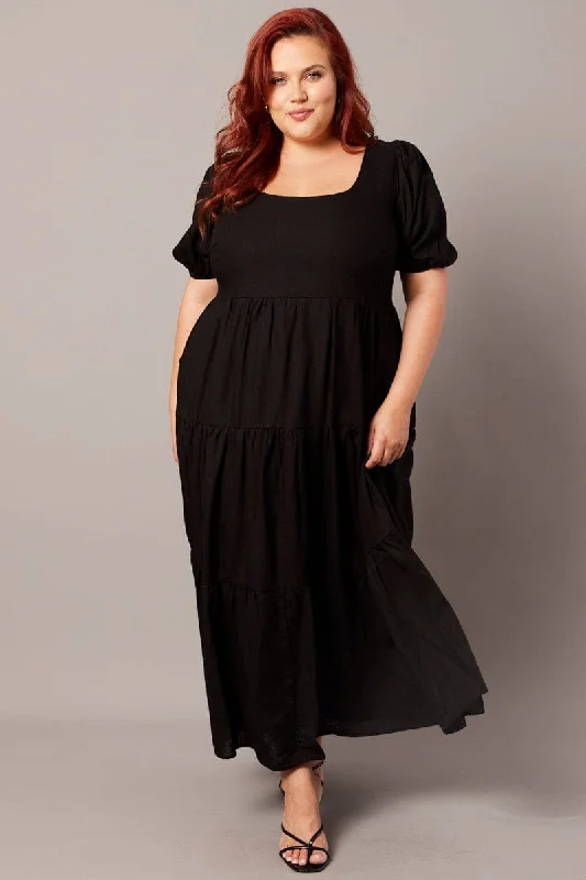 Black Scoop Neck Linen Maxidress With Pockets