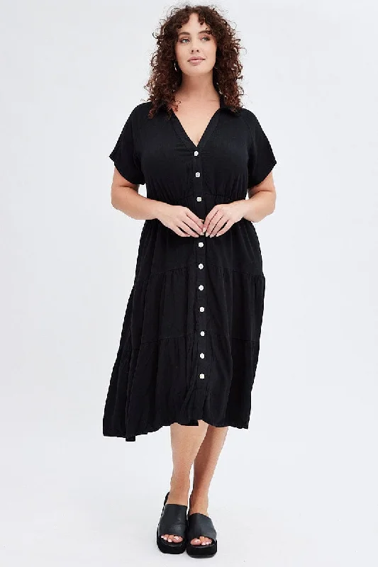 Black Shirtdress Midi Button Linen Blend Short Sleeve