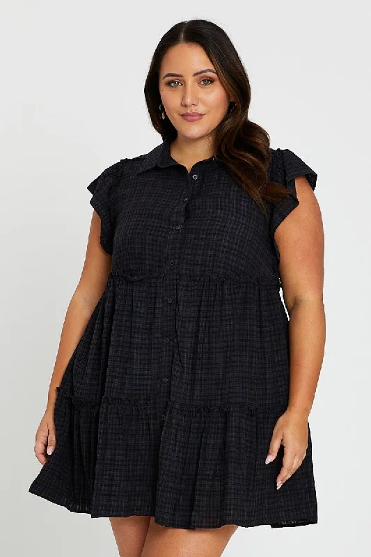 Black Short Frill Sleeve Textured Frill Black Shirtdress