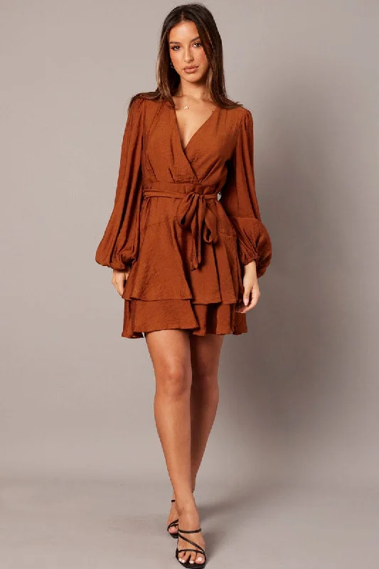 Brown Wrap Dress Mocha Satin Balloon Sleeve Dress