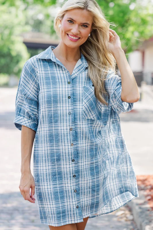 Call On You Chambray Blue Plaid Dress