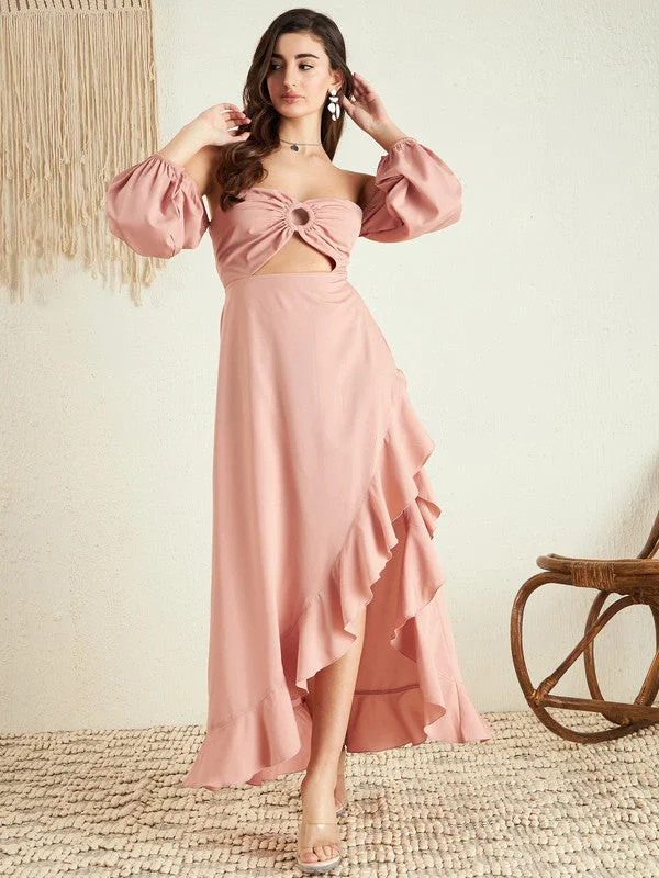 Berrylush Women Solid Light Pink Off-Shoulder Neck Puff Sleeves Cut-Out Asymmetrical Hem A-Line Midi Dress