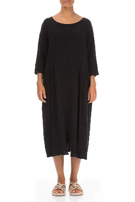 Dropped Shoulders Black Linen Viscose Dress