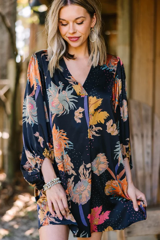 Feeling Fun Black Floral Bubble Sleeve Dress