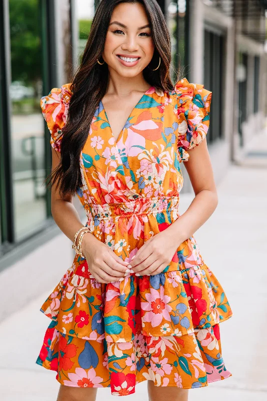 Feeling The Love Camel Yellow Floral Dress