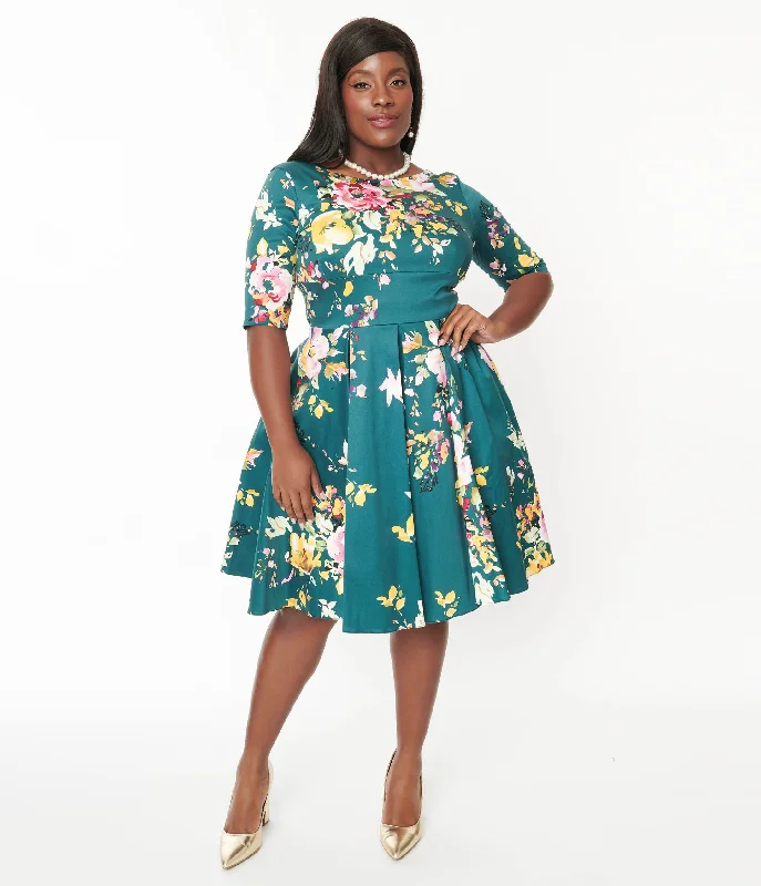 Forest Green & Pastel Floral Seville Swing Dress