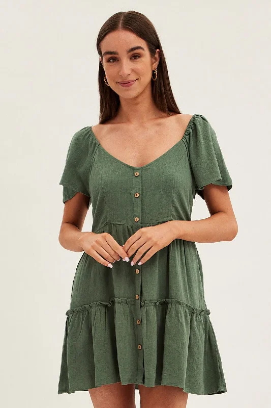 Green Dress Square Neck Short Sleeve Tiered Button Front