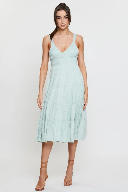 Green Midi Dress Sleeveless V Neck