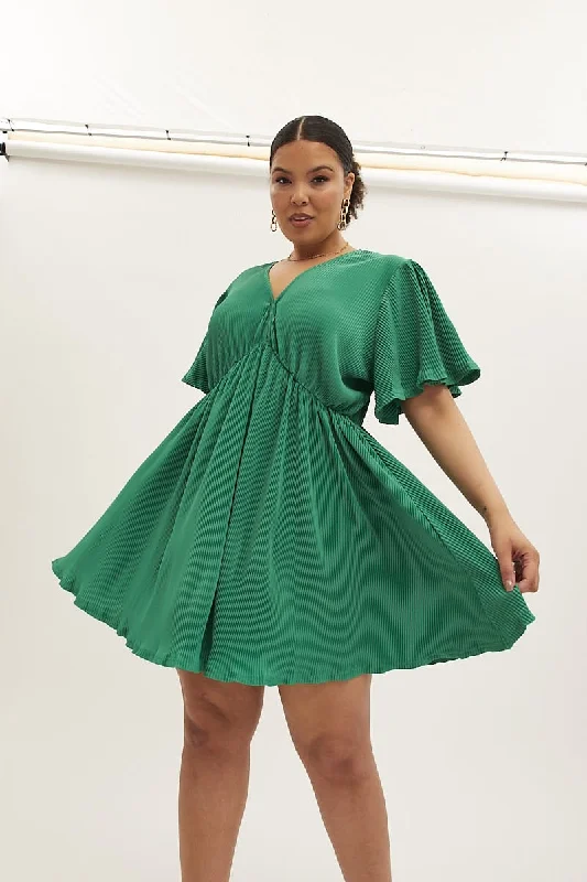 Green Mini Dress V-neck Short Sleeve Plisse