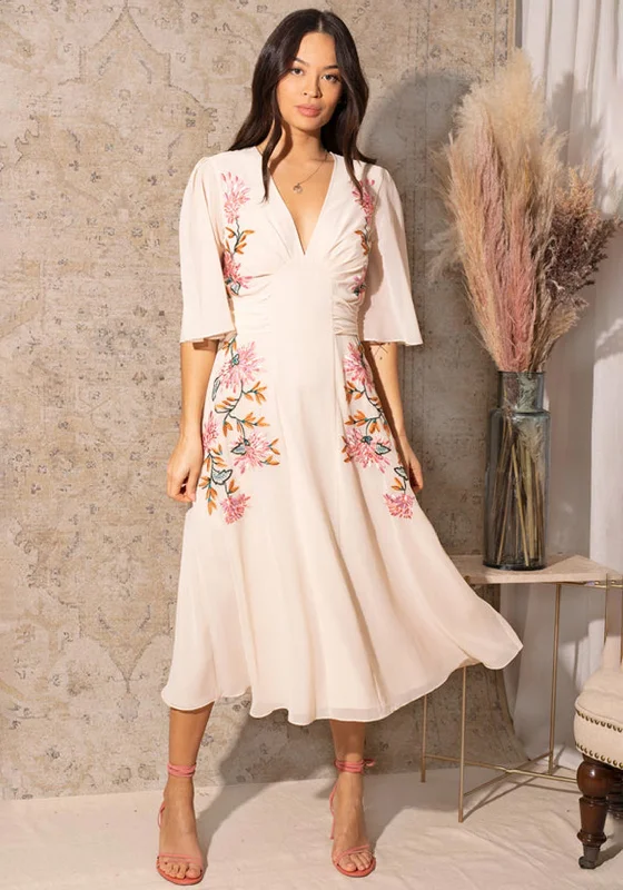 Hope & Ivy Lovisa Embroidered Flutter Sleeve Midi Dress, Blush