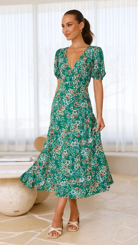 Itzel Midi Dress - Green Floral