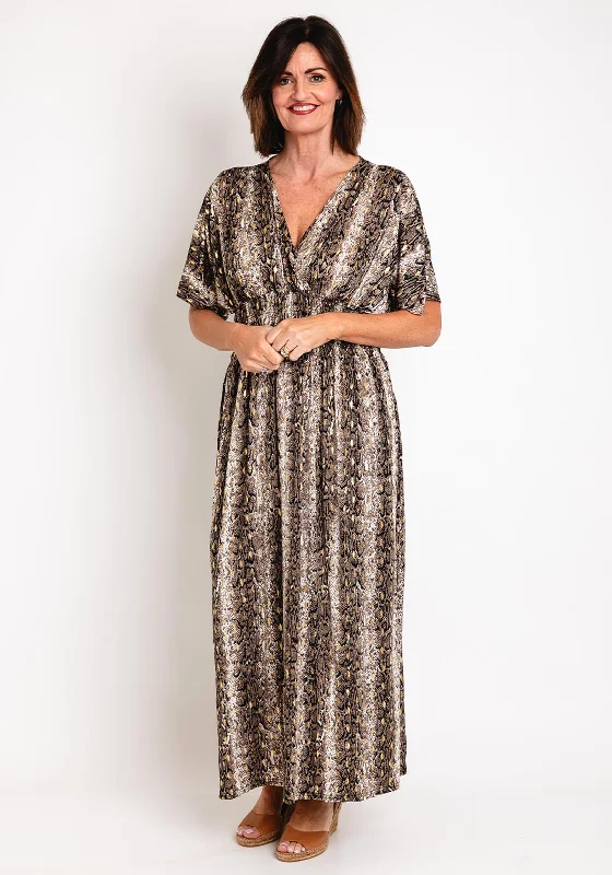 Serafina Collection One Size Reptile Print Maxi Dress, Black Gold