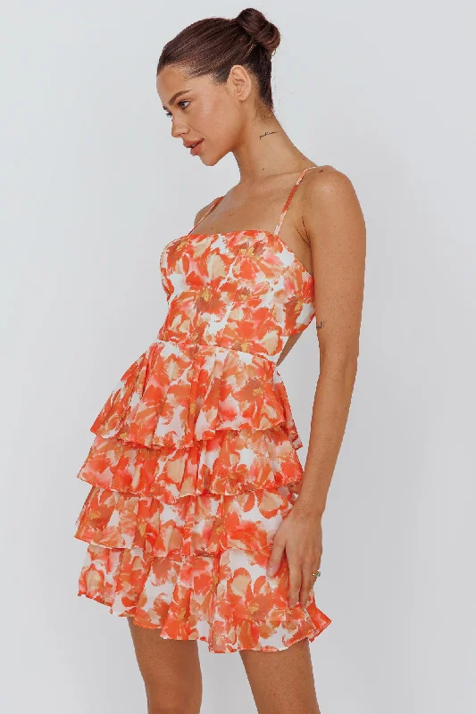 Lauran Tied Back Frill Dress Floral Orange