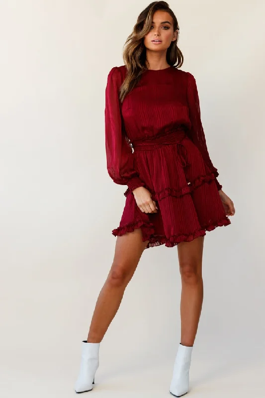 Mildred Long Sleeve Shirred Waist Frill Dress Wine