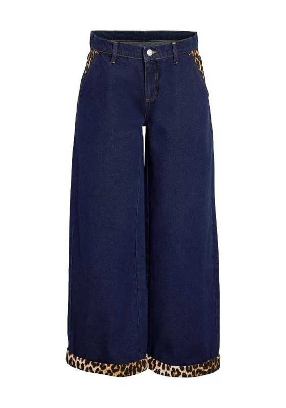 Noisy May Sure Leopard Print Detail Wide Leg Jeans, Dark Blue