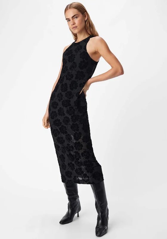 Object Alma Mesh Floral Midi Dress, Black