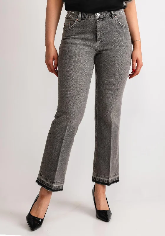 OUI Stud Waist Straight Crop Trousers, Grey