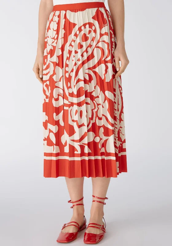 Oui Paisley Print Silk Touch Pleated Midi Skirt, Red & White