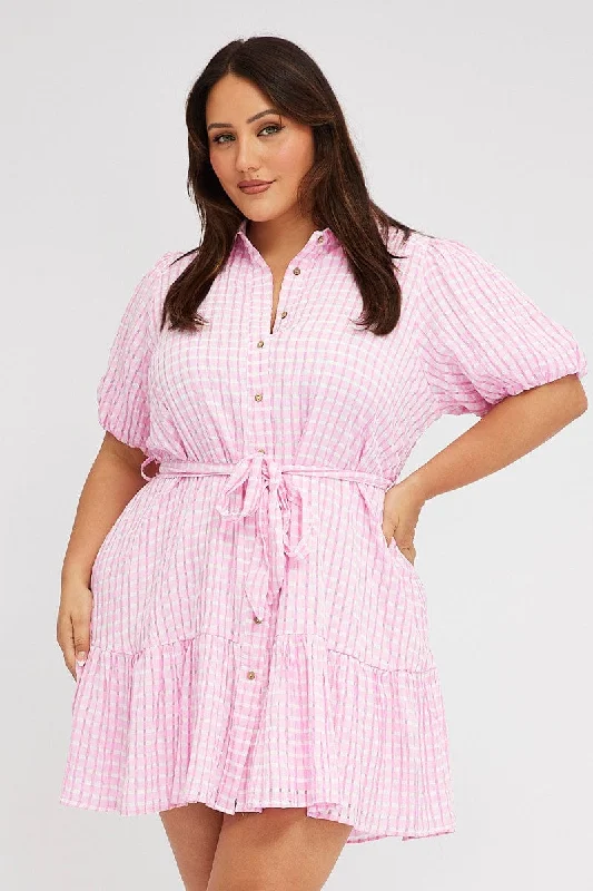 Pink Shirt Dress Short Sleeve Tiered