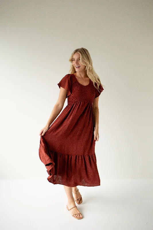 'Quincy' Smocked Bodice Flutter Sleeve Dress in Deep Rust