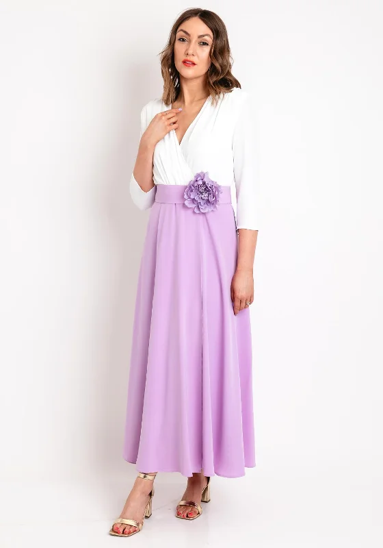 Role Mode Milana Two Tone Corsage Belt Maxi Dress, Ivory & Lilac