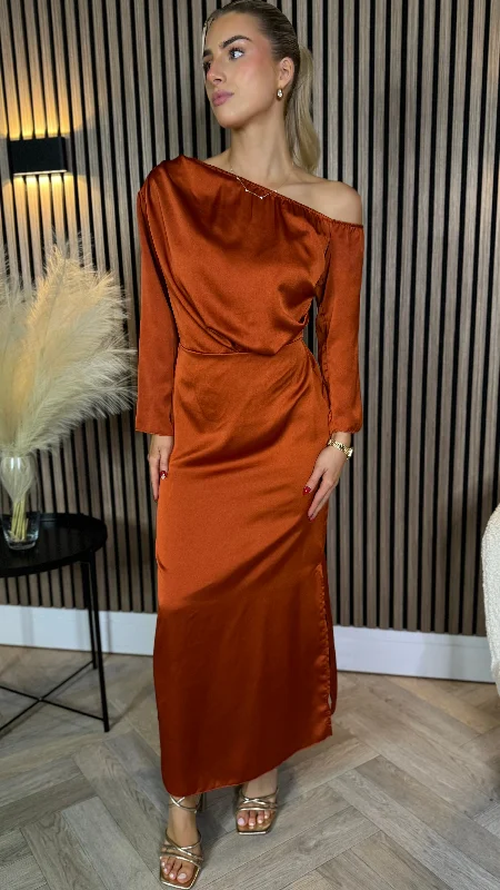 Tamera Rust Off The Shoulder Long Sleeved Ruched Midi Dress