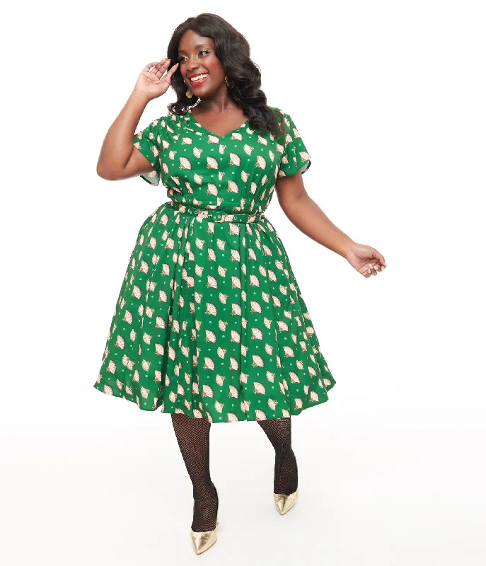 Unique Vintage 1940s Hunter Green Fan Print Tulip Sleeve Swing Dress