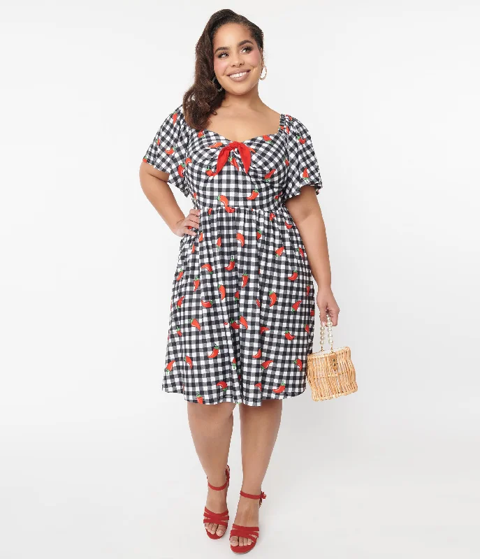 Unique Vintage 1950s Curve Black & White Chili Pepper Gingham Swing Dress