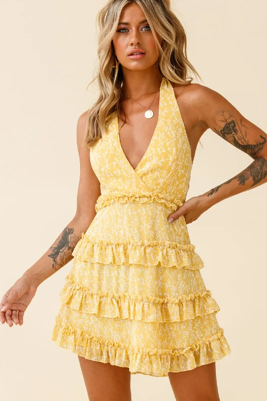 Venezuela Ruffle Trim Tie-Back Halterneck Dress Floral Print Yellow/White