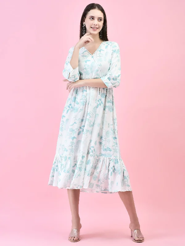 Women Liva (Rayon) Off White Tropical Print Dress