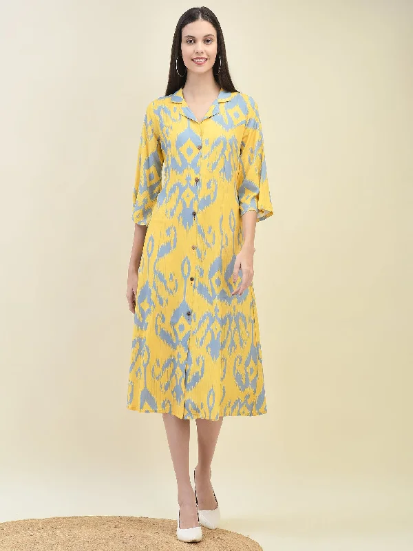 Women Liva Rayon Yellow Ikat Print Dress