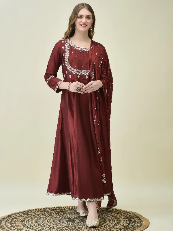 Women Poly Silk Maroon Embroidered Dress With Dupatta