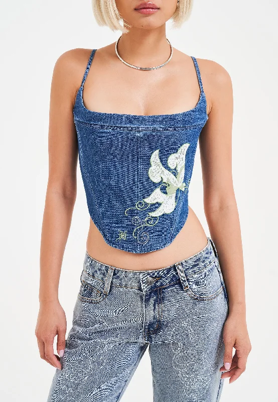 Womens Antique Butterfly Denim Corset Top - Indigo