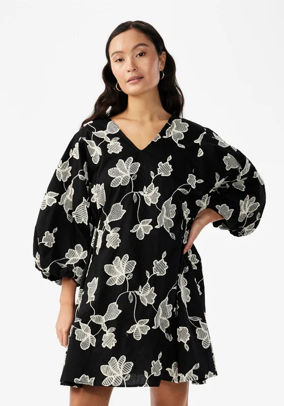 Y.A.S Contour Balloon Sleeve Floral Mini Dress, Black