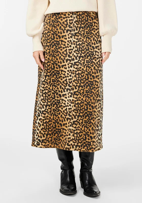 Y.A.S Leonara Leopard Print Midi Denim Skirt, Light Tan