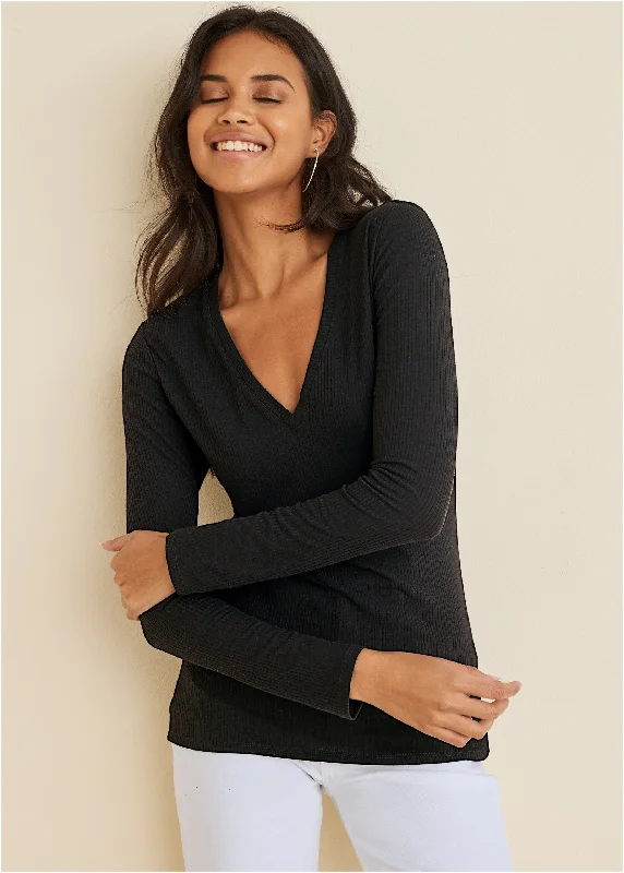 Ribbed Long Sleeve V-Neck - Black