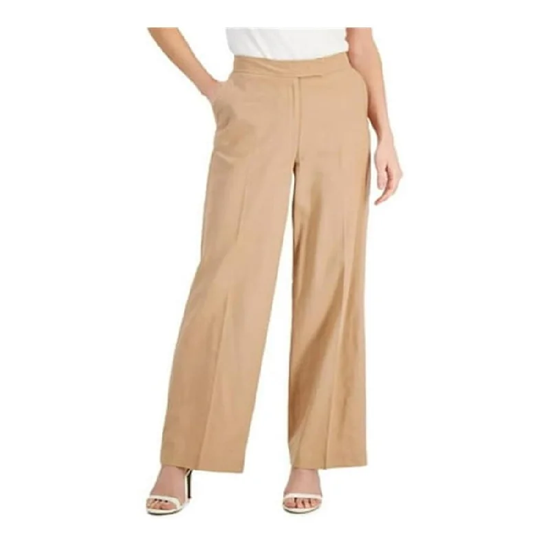 Anne Klein Women's Linen Blend High Waist Wide Leg Pants Brown Size 4