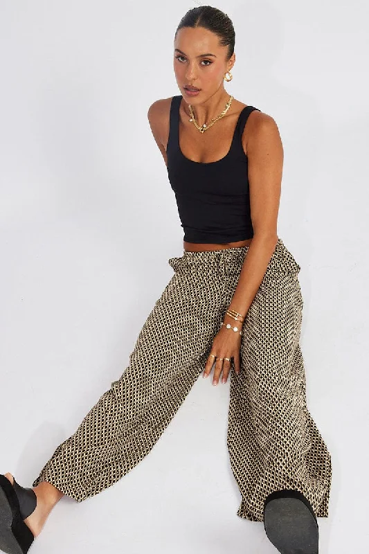 Beige Geo Wide Leg Pants Drawstring Waist