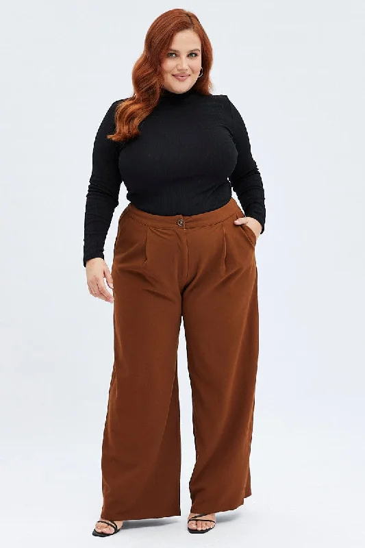 Brown Wideleg Pants Twill Stretch