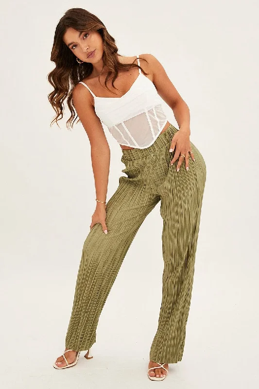 Green Plisse Pants Wide Leg